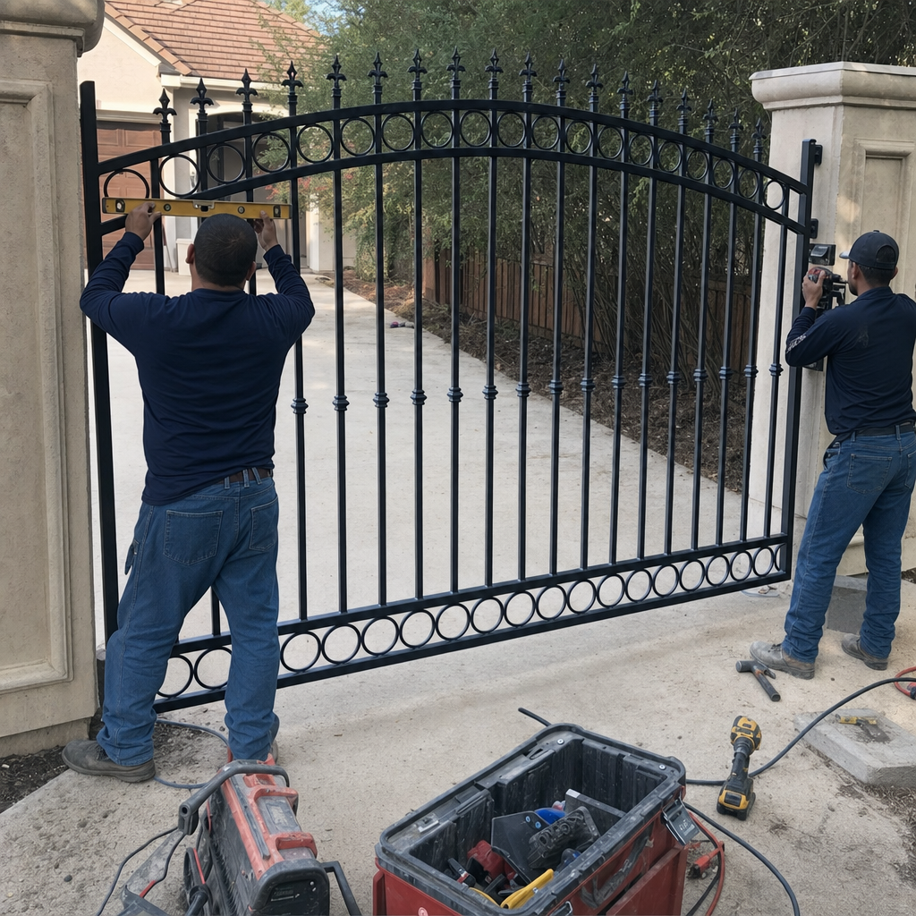 Two technicians installing a decorative metal driveway gate