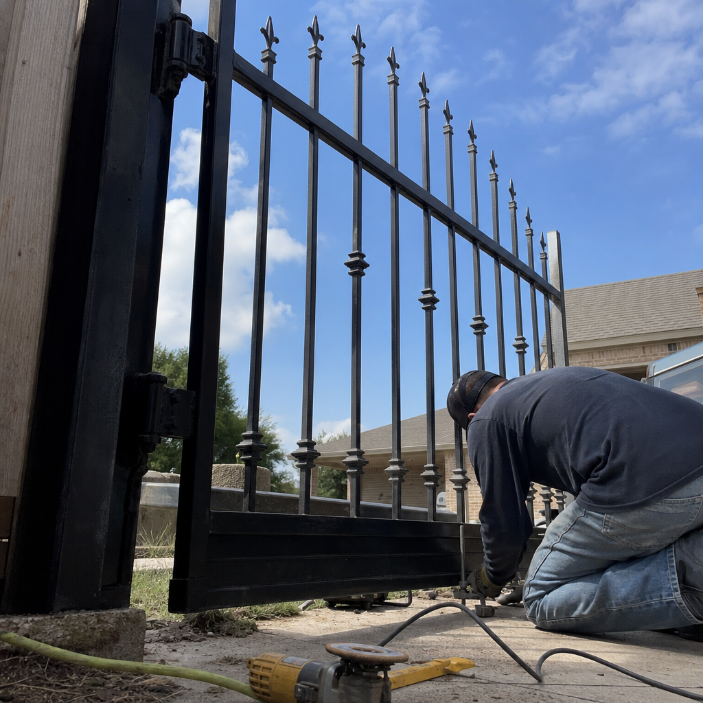 Professional contractor performing metal gate installation and repair