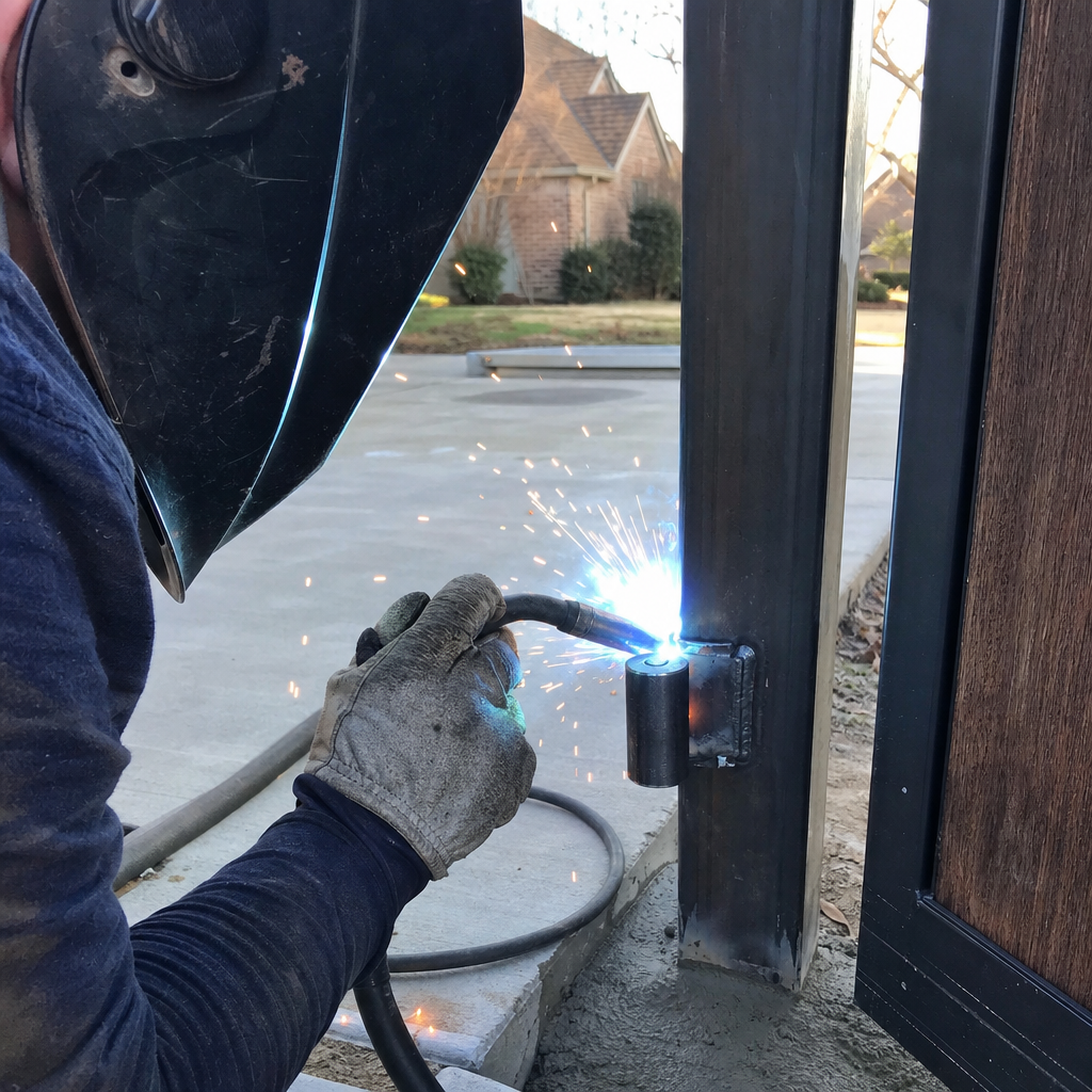 Professional welder performing a custom gate hinge installation