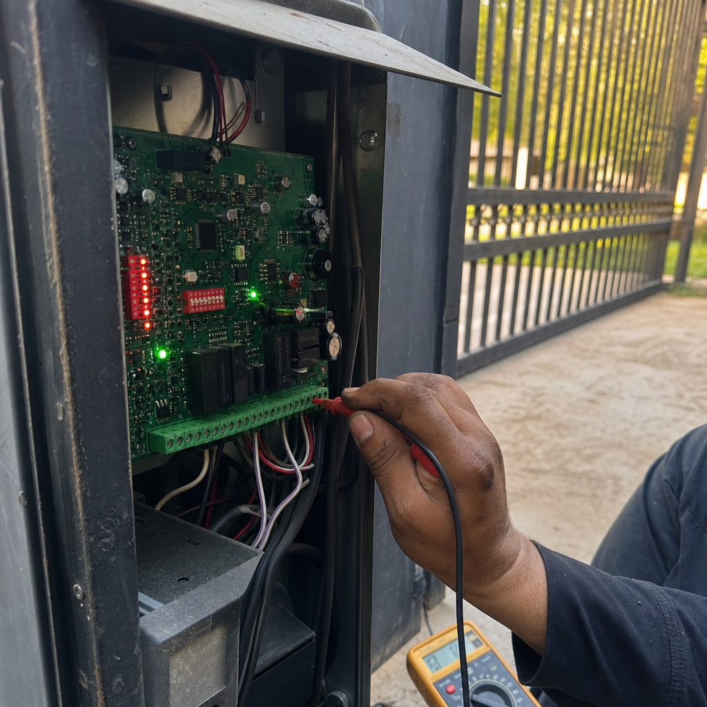 Technician using multimeter to repair electronic gate motor control board