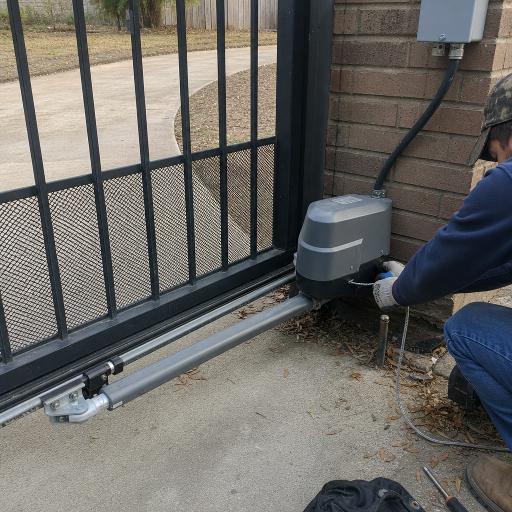 Technician performing professional repair on an automatic gate motor and opener system