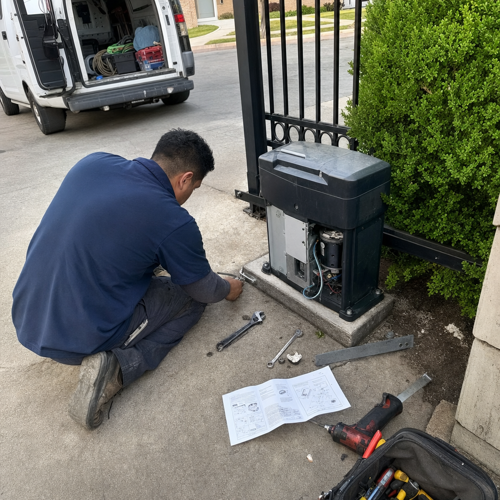 Technician performing expert automatic gate motor and opener repair service.