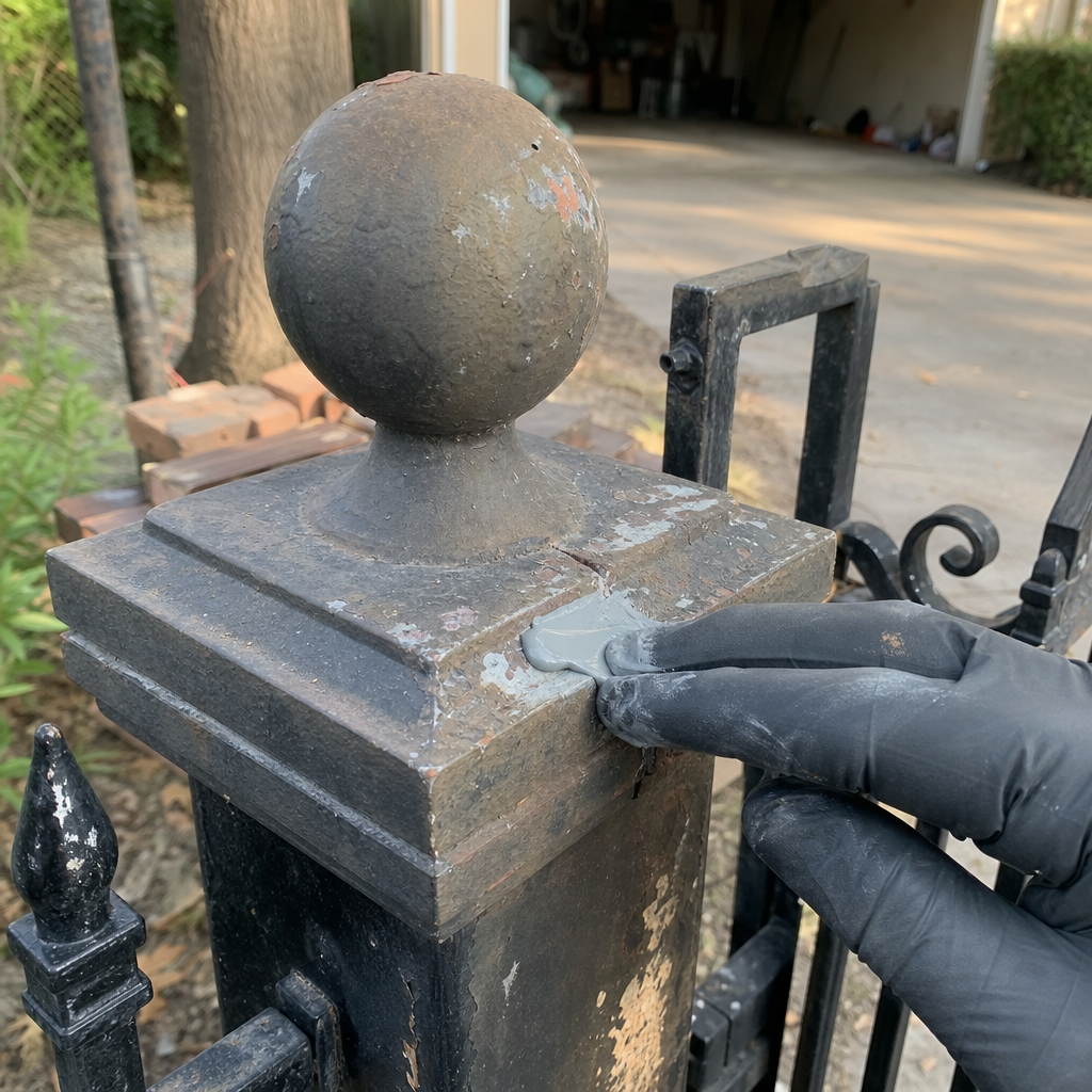 Hand applying epoxy filler to repair a metal gate post cap
