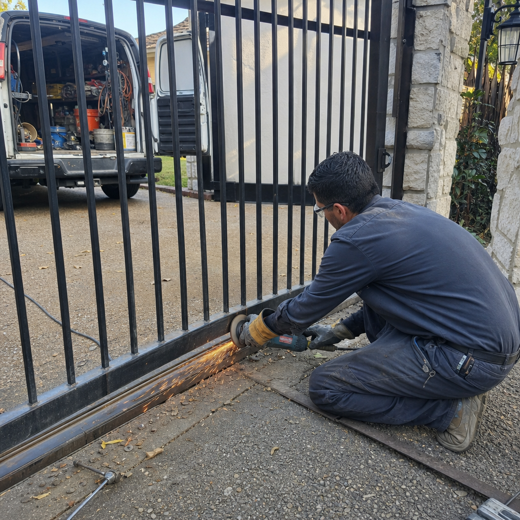 Technician using an angle grinder to perform professional metal gate repair