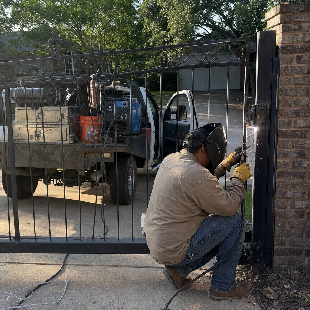 Professional technician performing custom iron gate repair and welding service