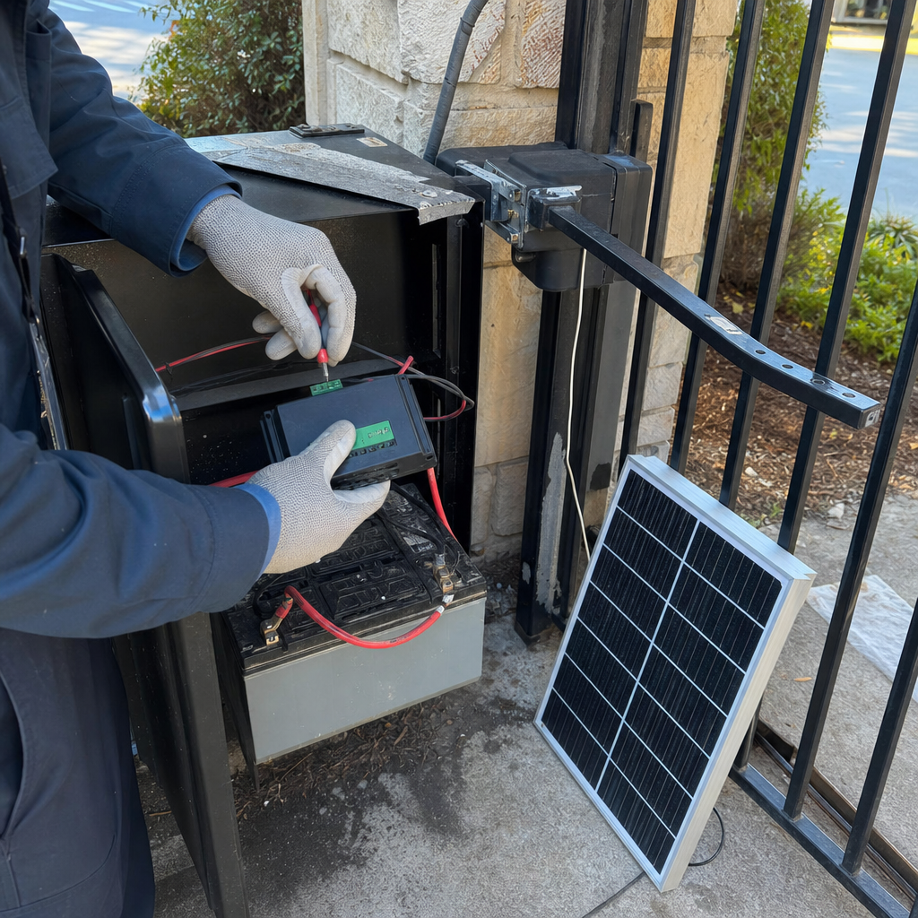 Technician repairing gate access control panel and solar battery system in Fort Worth, TX