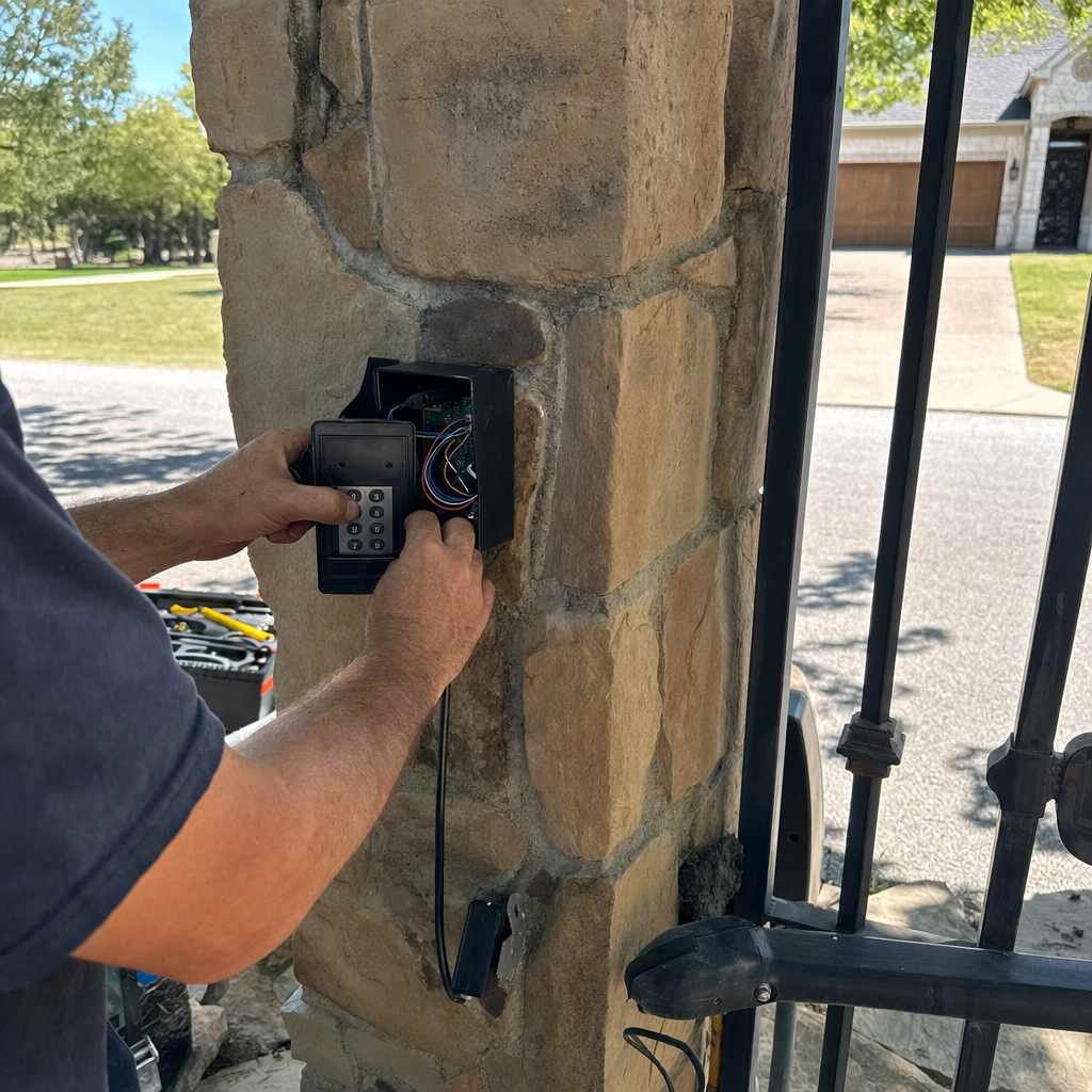 Technician installing keypad for electronic gate access control system in Fort Worth, TX