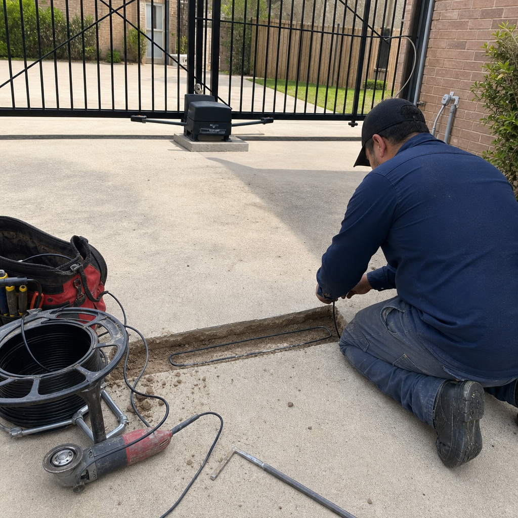 Technician installing inductive loop wire for gate access control system in Fort Worth, TX