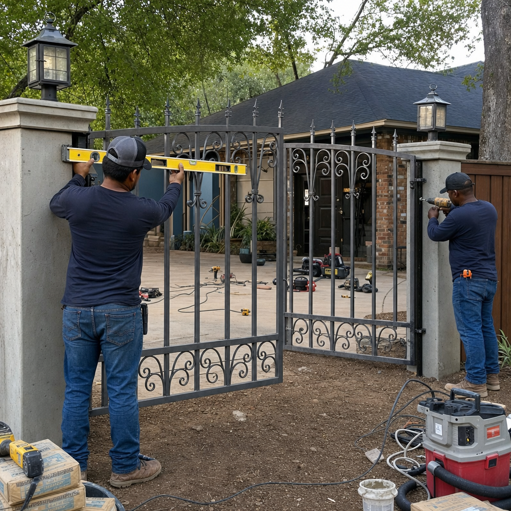 Two technicians performing professional residential wrought iron gate installation