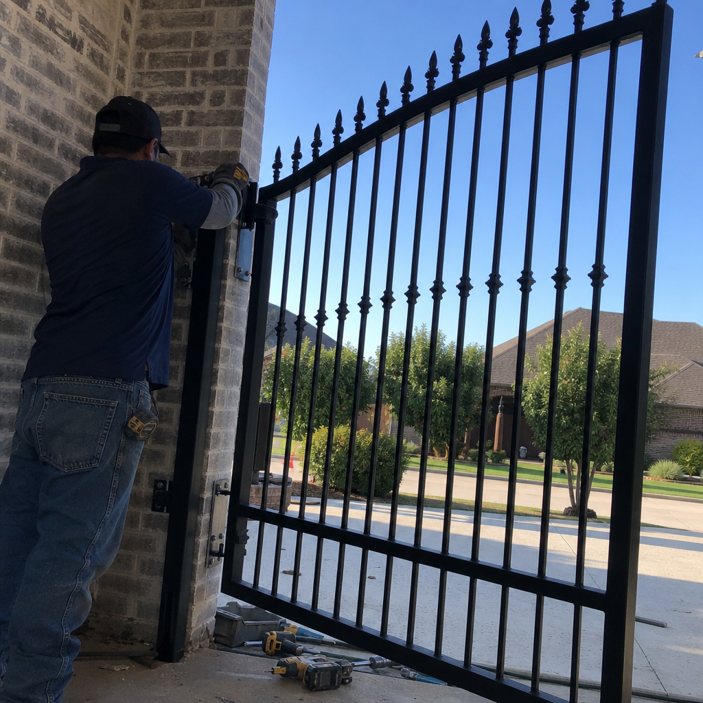 Contractor installing a metal gate on a brick residential entrance