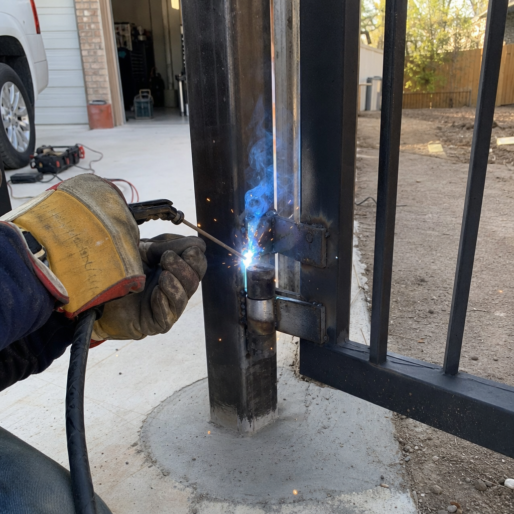 Welder installing a metal gate hinge on a steel post