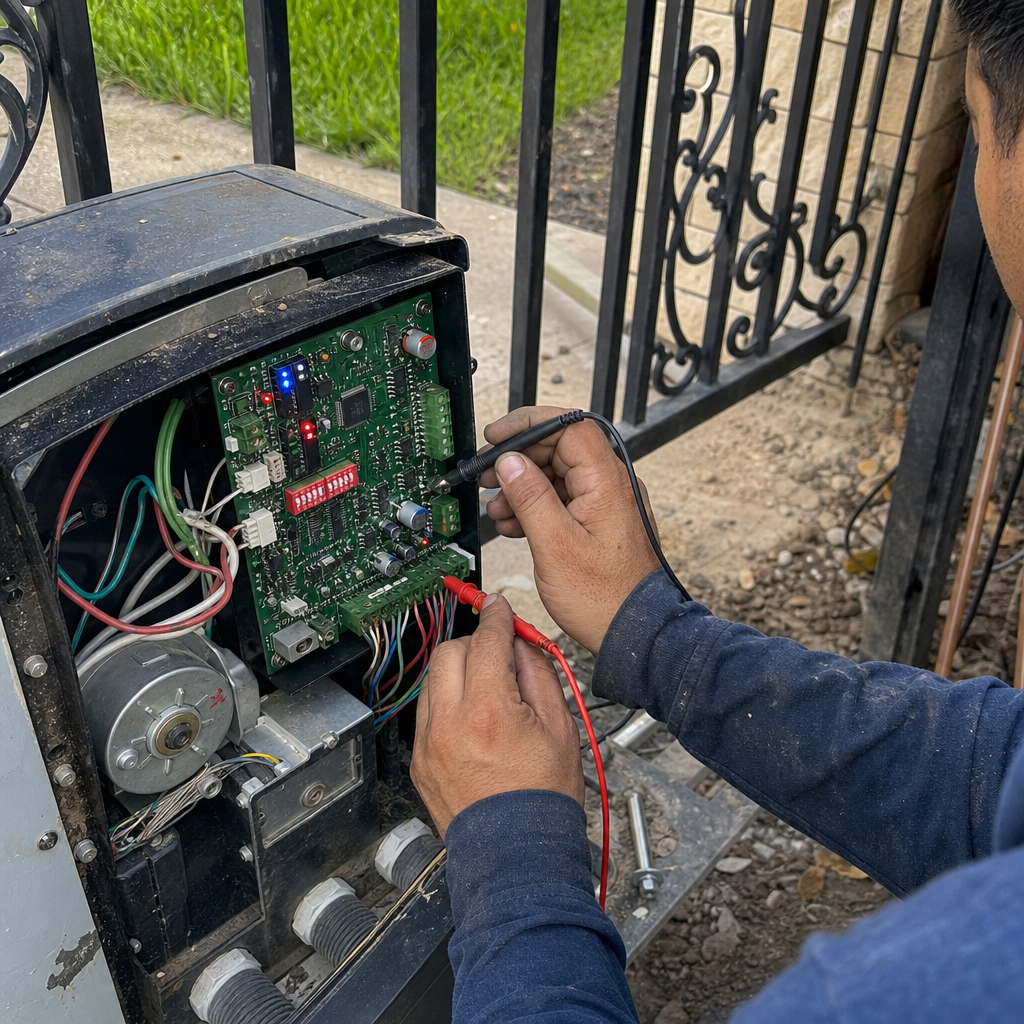 Technician using a multimeter to repair an automatic electric gate motor