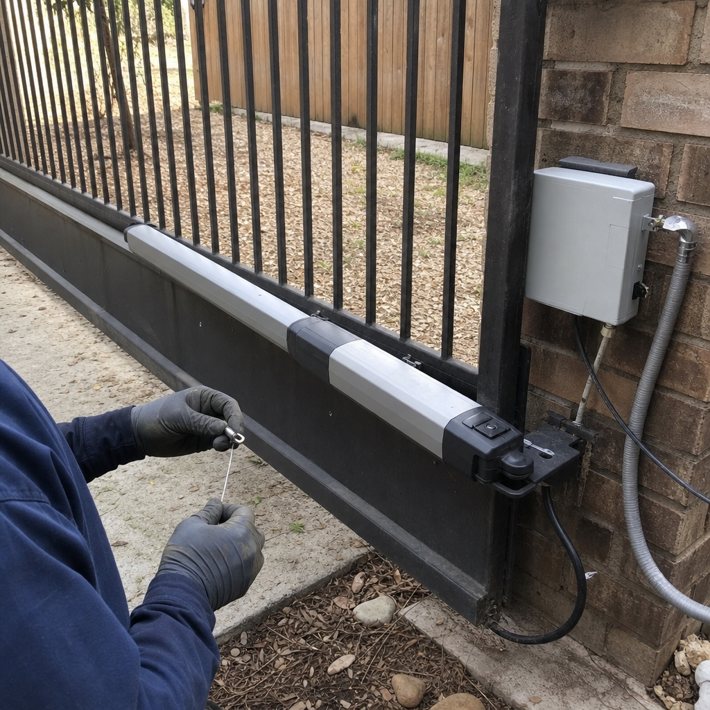 Technician performing professional gate motor and opener repair service