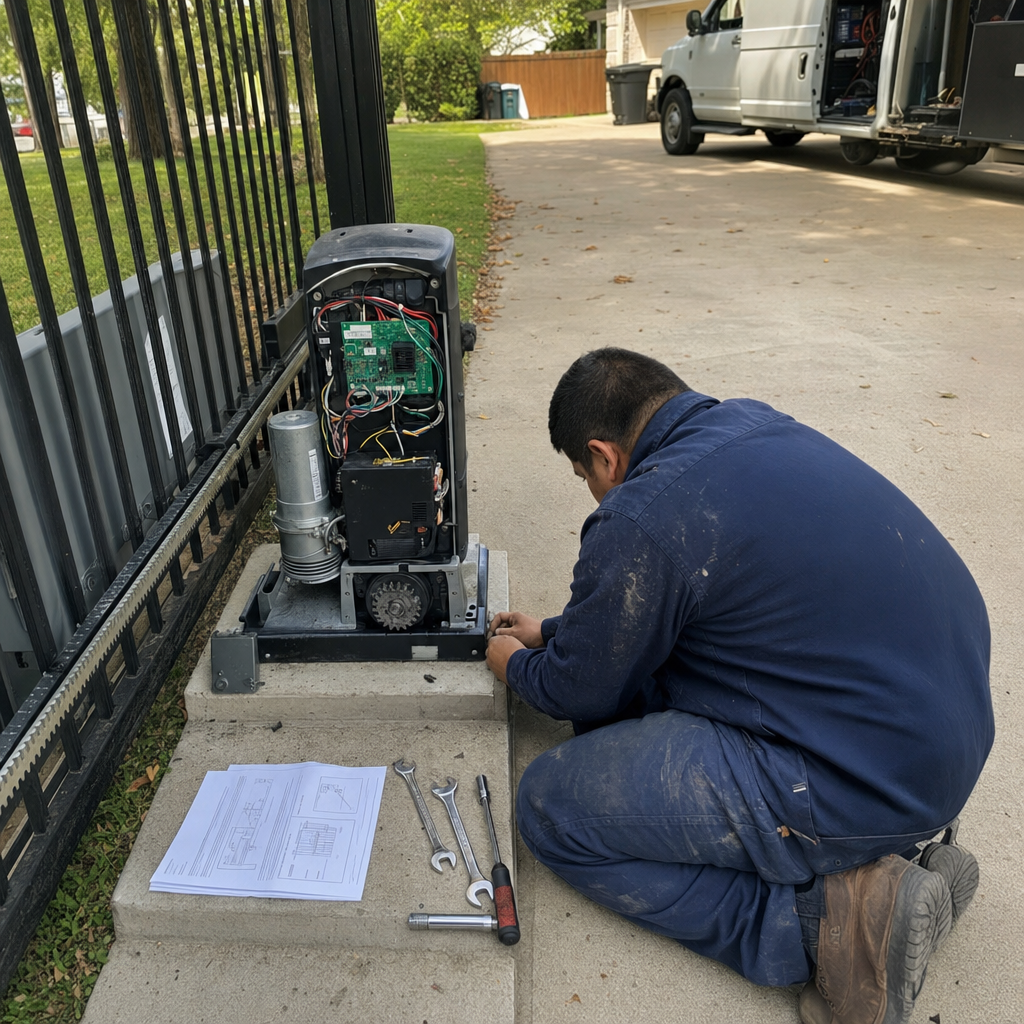 Technician performing gate motor repair and automatic gate opener maintenance.