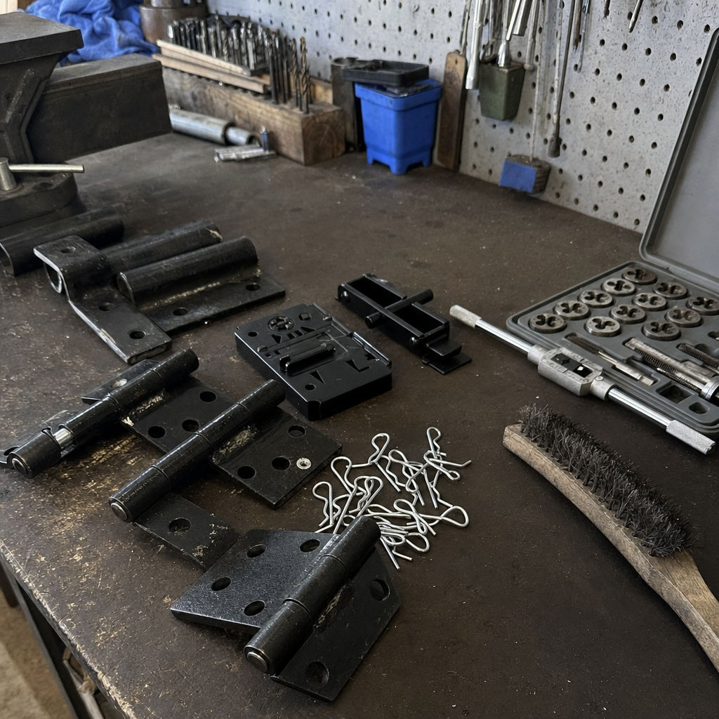 Assortment of metal gate hinges, latches, and repair tools on a workbench in Fort Worth, TX