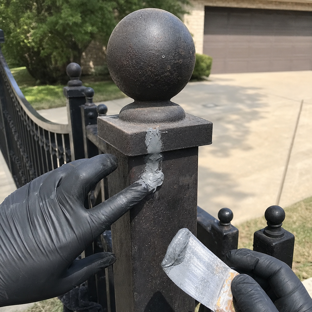 Professional gate repair technician applying filler to a metal fence post.