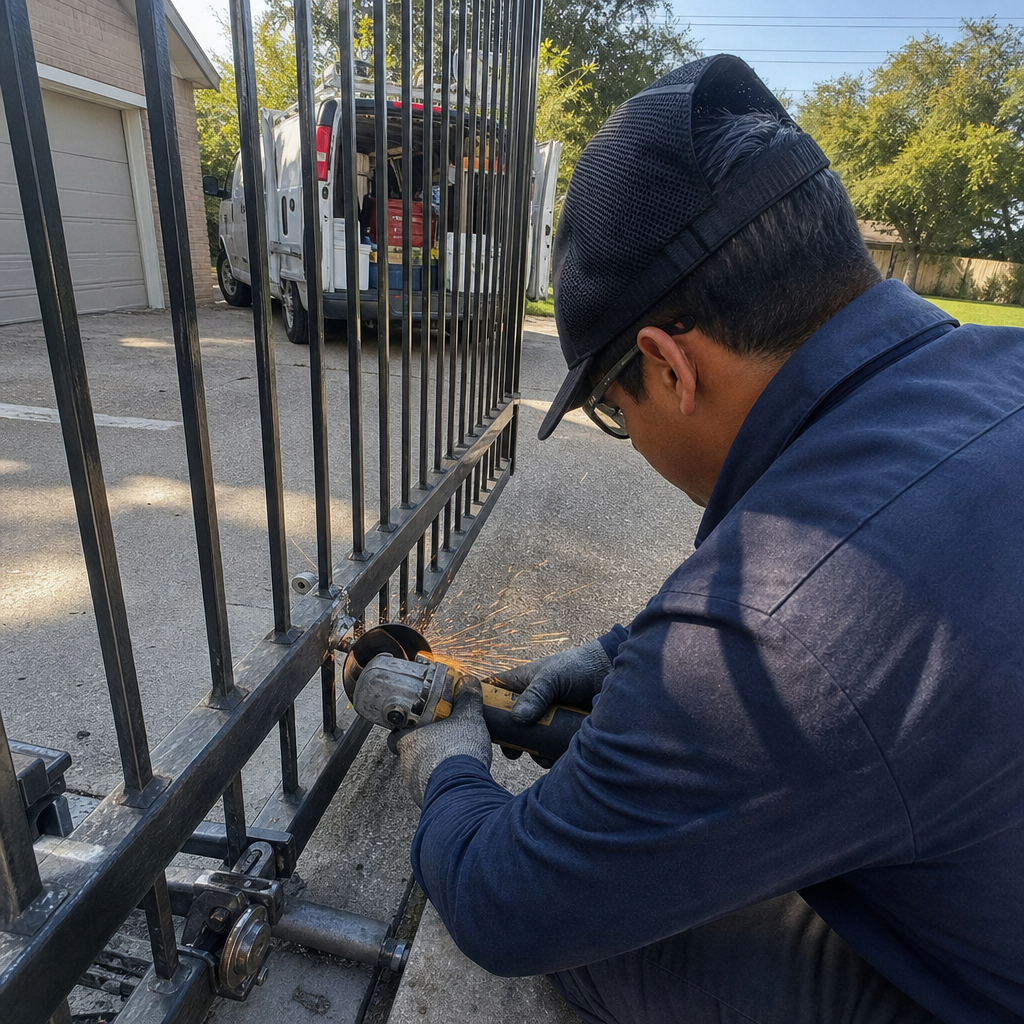 professional technician using an angle grinder to repair a metal gate