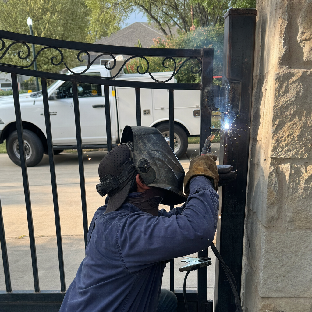 Professional welder performing metal gate repair and hinge welding